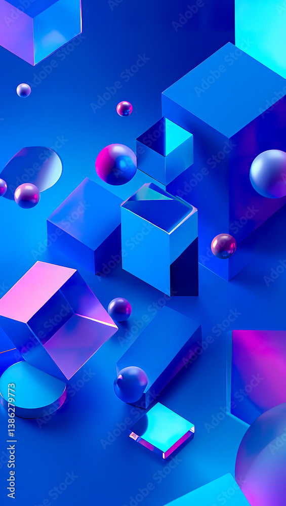 Futuristic blue geometric shapes floating in digital neon environment