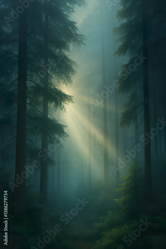 Obraz na płótnie Mystical green forest illuminated by soft morning sunlight through fog w salonie