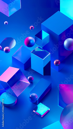 Obraz na płótnie Futuristic blue geometric shapes floating in digital neon environment w salonie