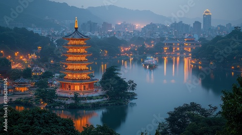 Night View of  the Illuminated Pagoda at Lotus Pond, Kaohsiung, Taiwan