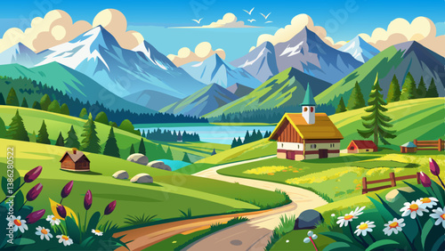 beautiful rural landscape in Bavaria with mountain range and meadow at springtime