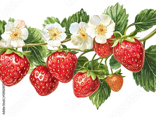 A vibrant depiction of ripe strawberries, their blossoms, and foliage, creating a fresh and lively illustration.