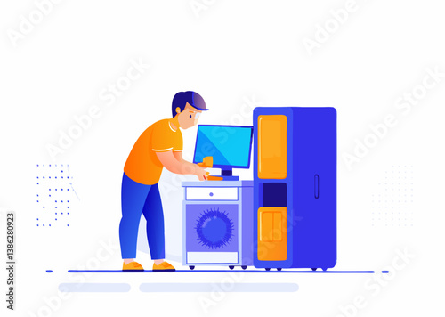 A person assembling a pc image. Cartoon style. Vector illustration.