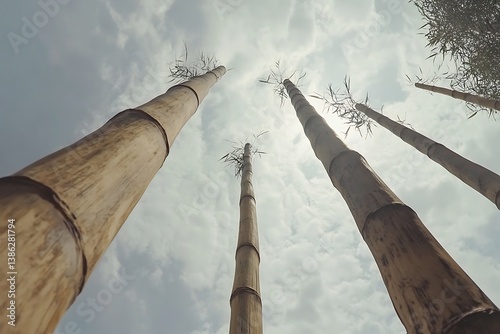 Towering Guadua bamboo stalks reaching skyward in a minimalist vertical shot, showcasing nature's beauty. photo