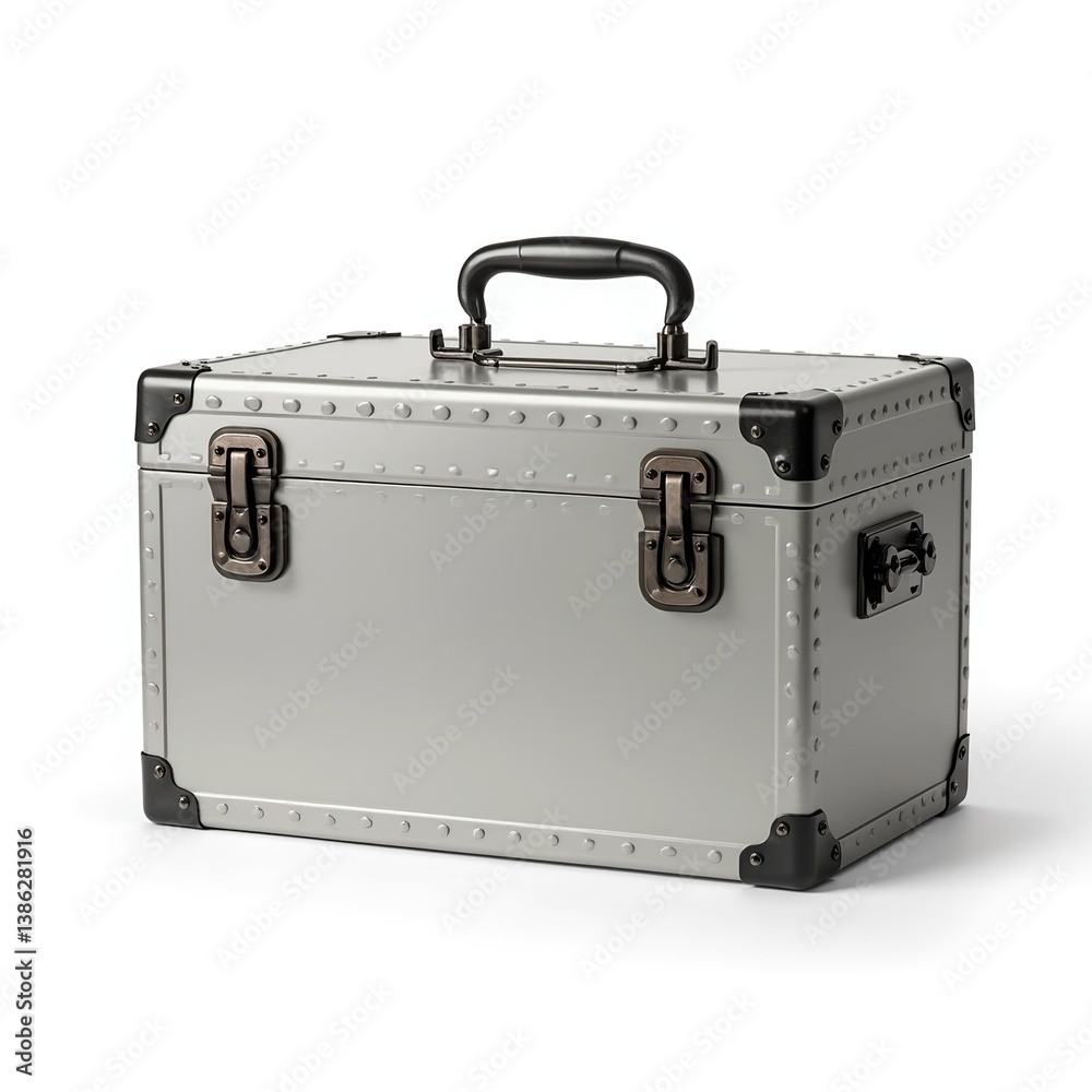 metal case, toolbox with latches, closed, isolated on white, blank surface for branding metal case, toolbox with latches, closed, isolated on white, blank surface for branding