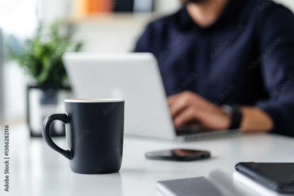 Person working at a desk with a laptop, coffee, notepad and phone in a bright, modern office space. Person working at a desk with a laptop, coffee, notepad and phone in a bright, modern office space.