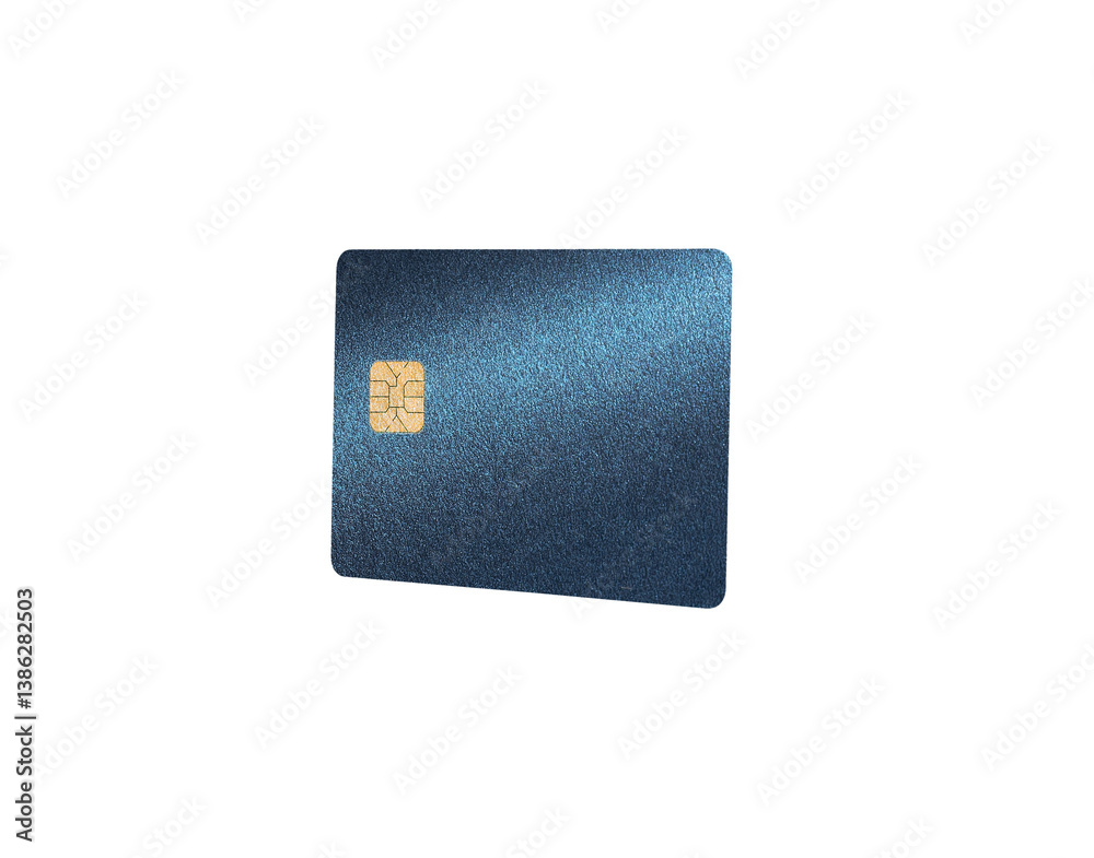 Fototapeta premium Card levitating in glossy tilt view. Blue plastic bankcard in front perspective for smart electronic payment, loan, cashback, online shopping, finance, economy and business. Isolated on white.