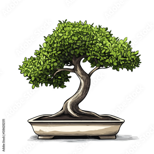 2D flat vector illustration of Bonsai Tree, isolated on a white background.