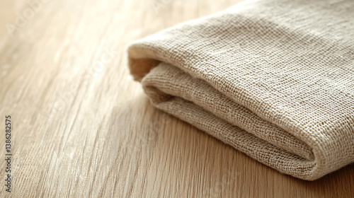 Neatly folded linen towel placed on light wooden sur