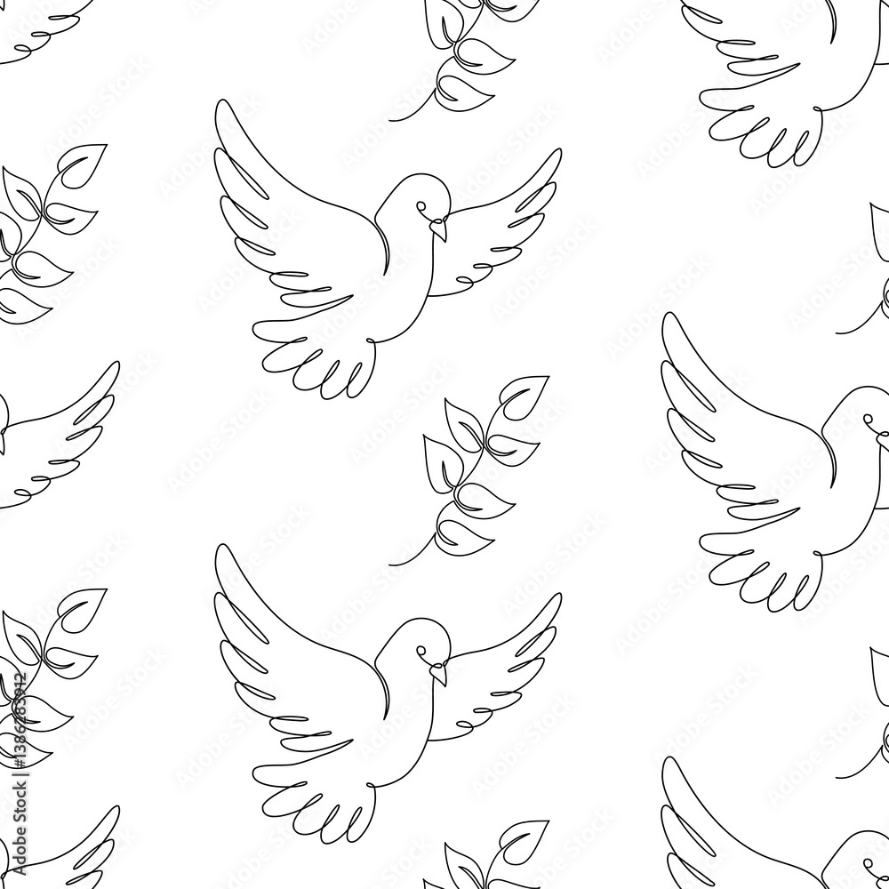 Fototapeta premium Seamless Pattern Flying Dove Bird with Branch. One Continuous Line Drawing