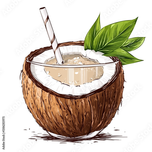 Coconut Drink 2D flat vector illustration, isolated on a white background.