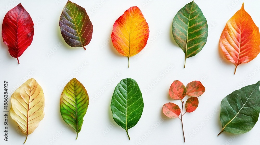 Obraz premium Vibrant autumn leaves arranged on a white background