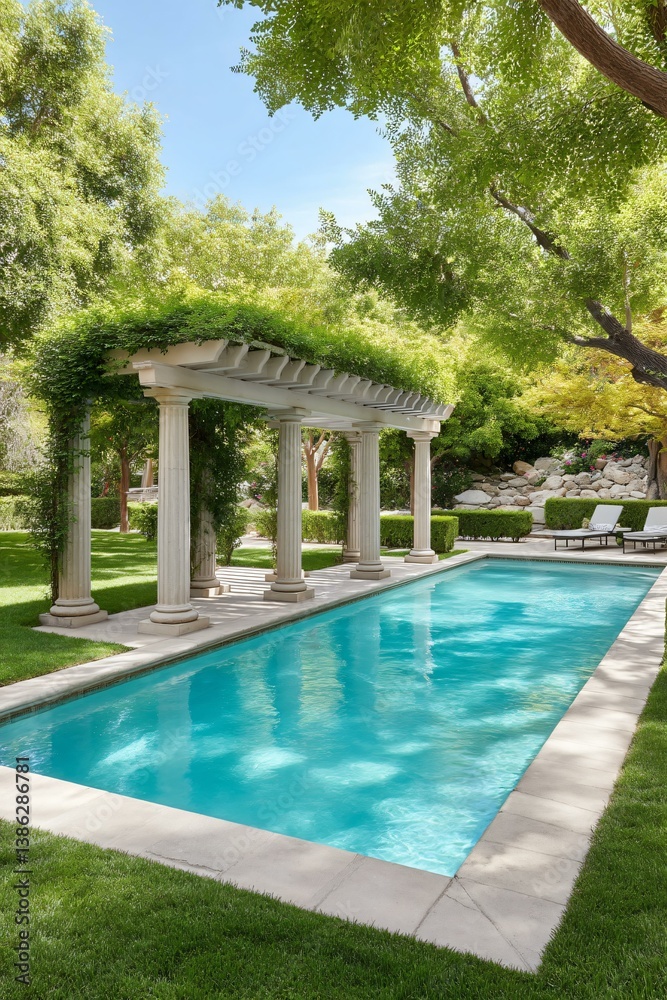 Fototapeta premium Neoclassical Mediterranean pool with stone-carved statues, column-lined walkway, and crystal-clear calm water