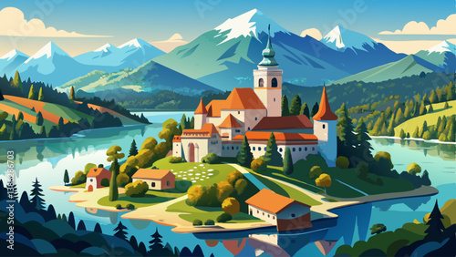 Bled, Slovenia - Aerial panoramic view of beautiful Bled Castle (Blejski Grad) with Lake Bled (Blejsko Jezero), the Church of the Assumption of Maria and Julian Alps at background on a summer day