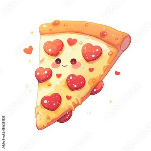 Cute kawaii pizza slice with heart-shaped toppings whimsical food art digital creation playful vibe