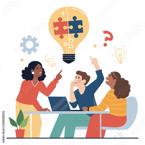 Business Team Brainstorm concept. Vector flat style abstract illustration of a group of diverse people at a desk leading a discussion with a lightbulb made of puzzle pieces above their heads.