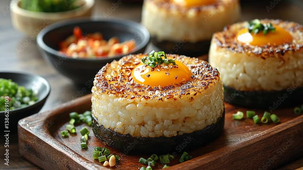 Fried rice cakes with sunny side up egg, Asian cuisine, wooden board background, food photography, perfect for cookbook or food blog Fried rice cakes with sunny side up egg, Asian cuisine, wooden board background, food photography, perfect for cookbook or food blog