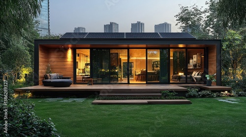 Modern eco-friendly prefab home with solar panels, wood siding, and large glass doors.