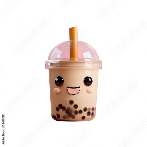 Cute smiling bubble tea cup with tapioca playful kitchen food photography whimsical setting fun concept