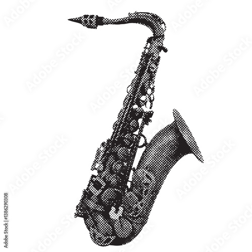 Saxophone halftone grunge vector design element.