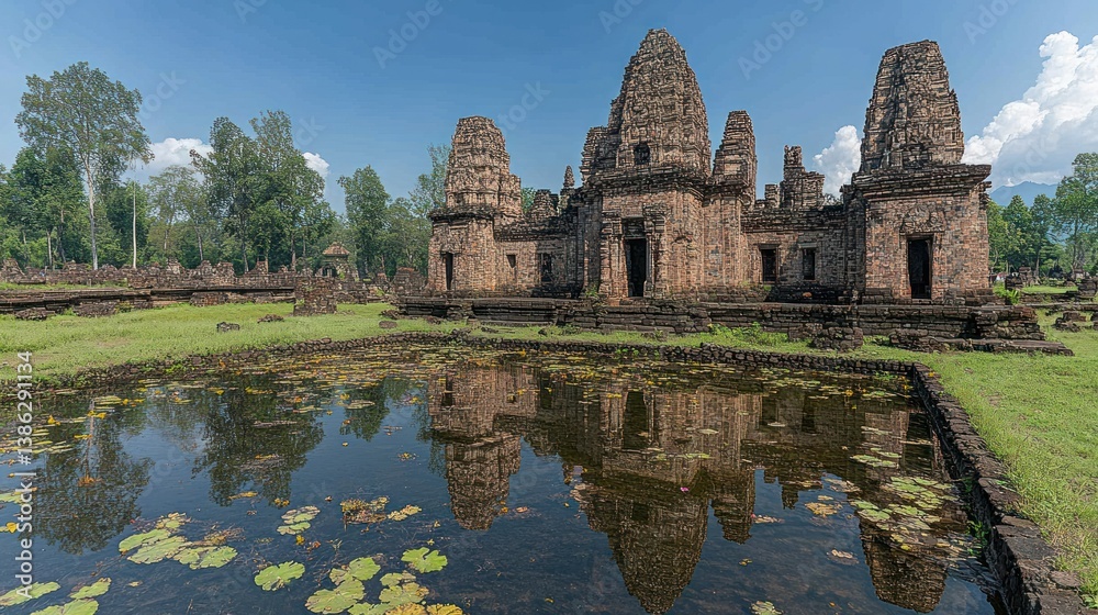 Naklejka premium Serene Reflection: Ancient Prasat Sdok Kok Thom Temple in Cambodia