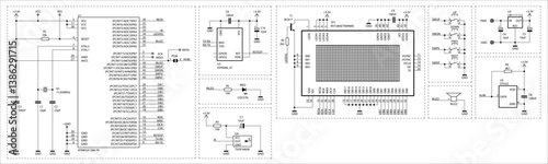 Schematic diagram of digital electronic device 
on paper sheet. Vector drawing electrical circuit with 
lcd display, integrated circuit, microcontroller,
capacitor, resistor, other components.