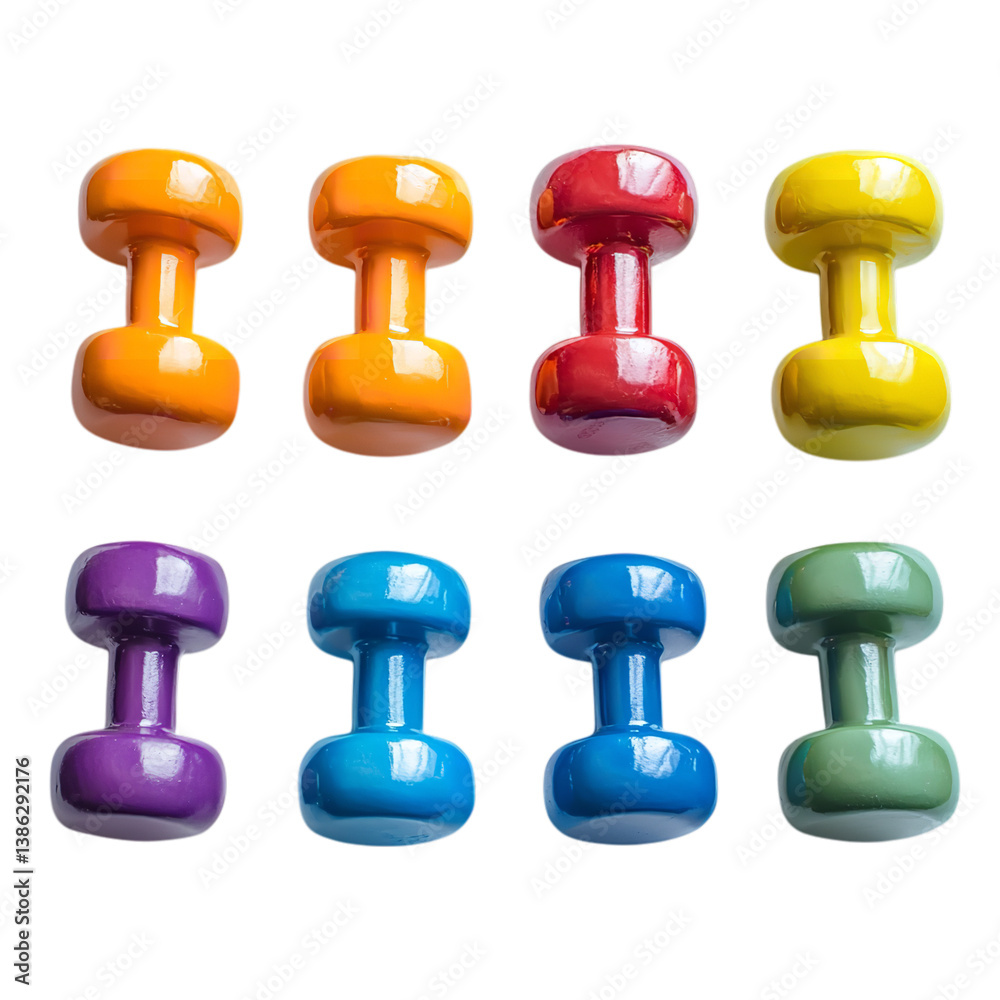 Set of Nine Colorful Dumbbells PNG: Collection of Small Hand Weights in Purple, Pink, Orange, Yellow, Red, Lime Green, Blue, and Dark Blue for Light Exercise. Set of Nine Colorful Dumbbells PNG: Collection of Small Hand Weights in Purple, Pink, Orange, Yellow, Red, Lime Green, Blue, and Dark Blue for Light Exercise.