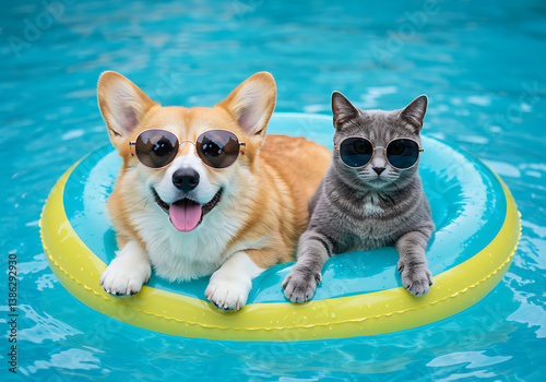 A corgi and cat wearing sunglasses floating on a ring in a swimming pool water