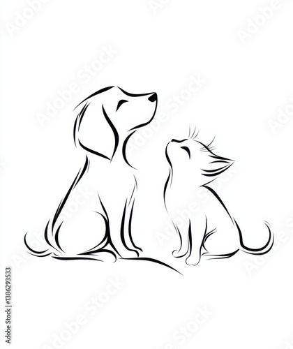 Playful interaction between a dog and a cat in a simple line art drawing
