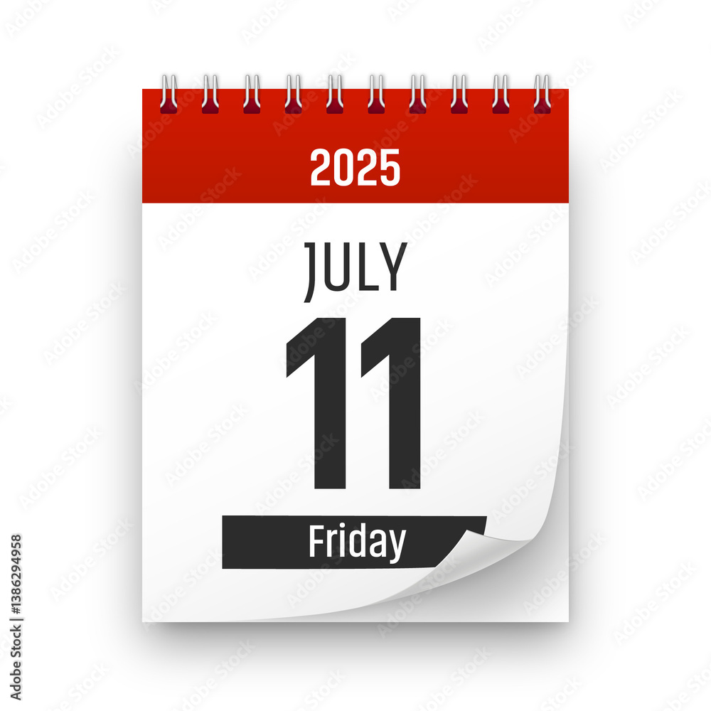 Fototapeta premium Date 11 July 2025 year realistic calendar day page design. July 11 transparent png