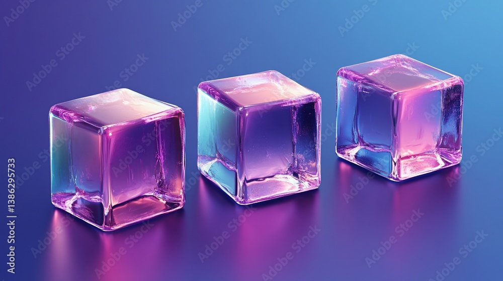 Three luminous translucent cubes arrayed on a gradient blue surface shine brightly Three luminous translucent cubes arrayed on a gradient blue surface shine brightly