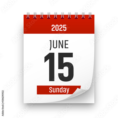 Date 15 June 2025 year realistic calendar day page design. June 15 transparent png