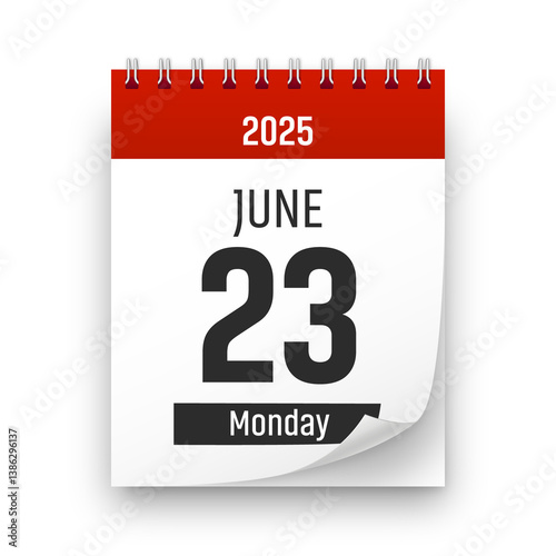 Date 23 June 2025 year realistic calendar day page design. June 23 transparent png