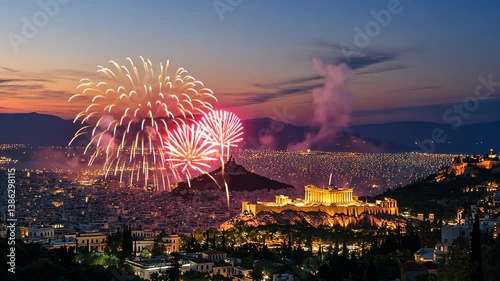 Fireworks illuminate the Acropolis and Athens skyline during a summer evening celebration