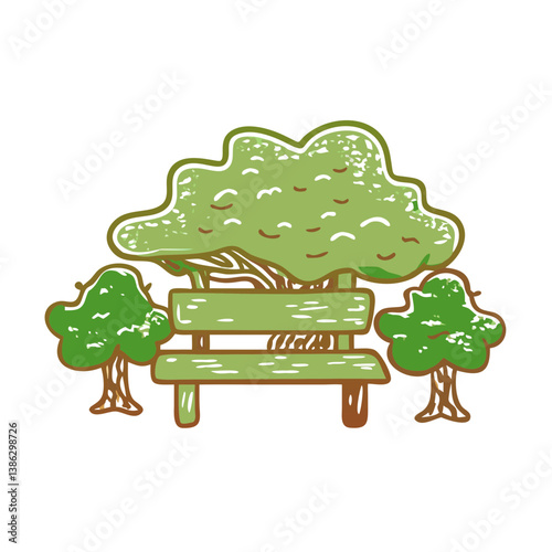 Green park bench icon surrounded by trees, nature relaxation concept