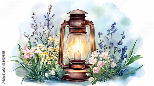 Vintage lantern surrounded by blooming wildflowers at dusk illuminating a serene natural setting