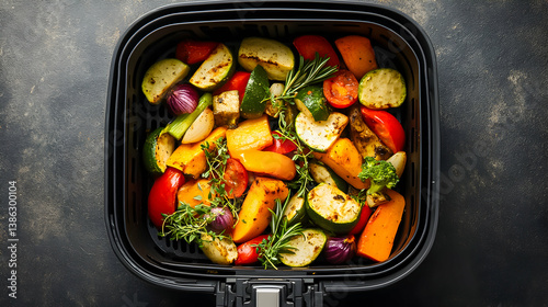 Colorful roasted vegetables in an air fryer ready for a healthy meal preparation