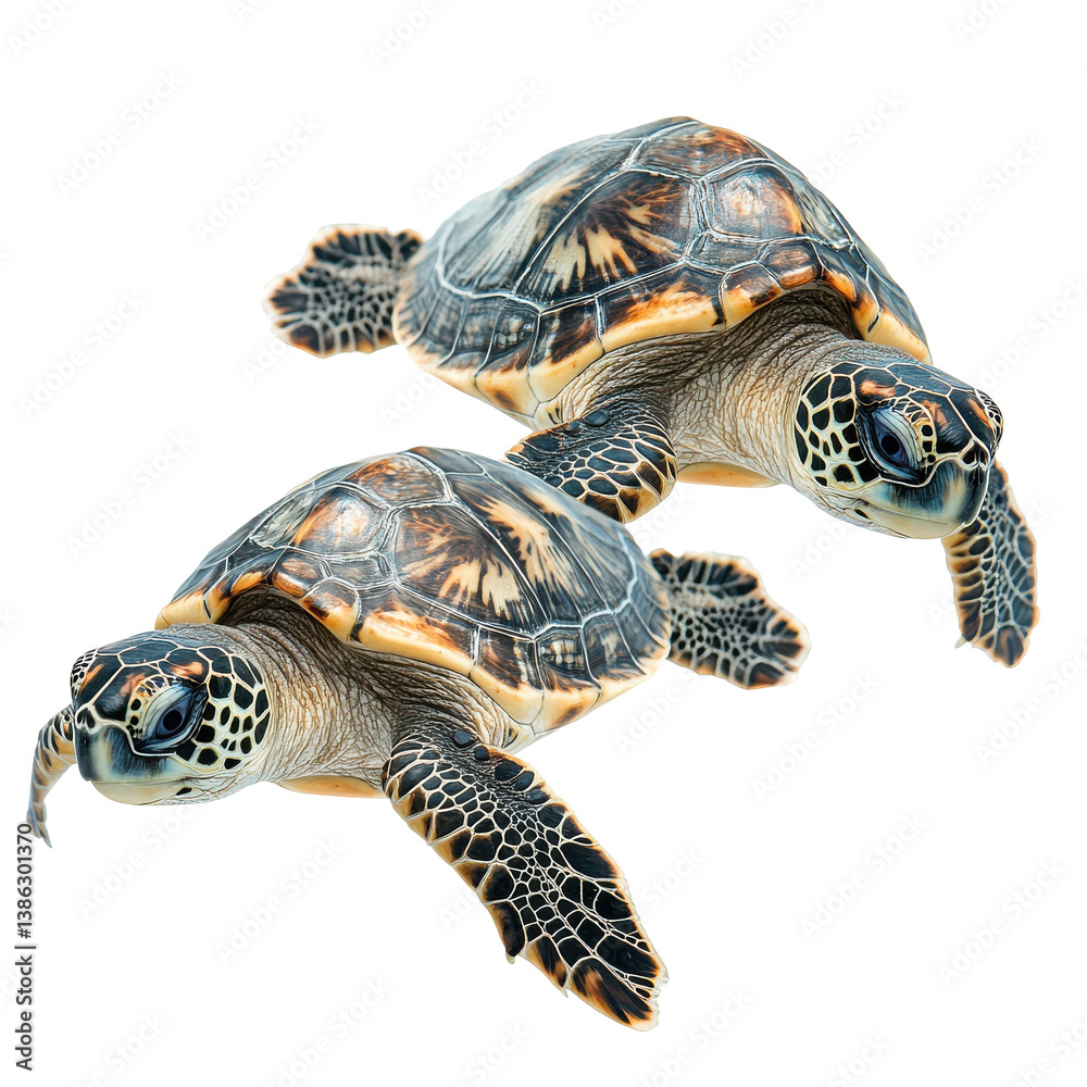 Obraz premium Two sea turtles swimming gracefully against a black background Ocean wildlife beauty nature isolated on transparent background
