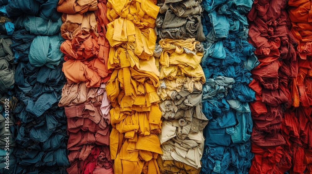 Colorful fabric scraps stacked in vertical rows. Colorful fabric scraps stacked in vertical rows.