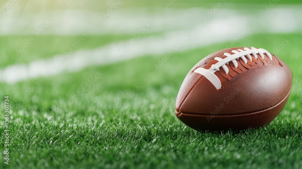 American football on green field with yard lines American football on green field with yard lines