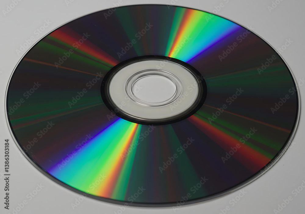 A close up of a compact disc showing rainbow colors on a white background. A close up of a compact disc showing rainbow colors on a white background.