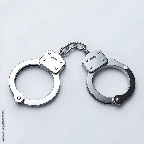Silver handcuffs connected by a short chain, isolated on a clean white background. 3D rendering