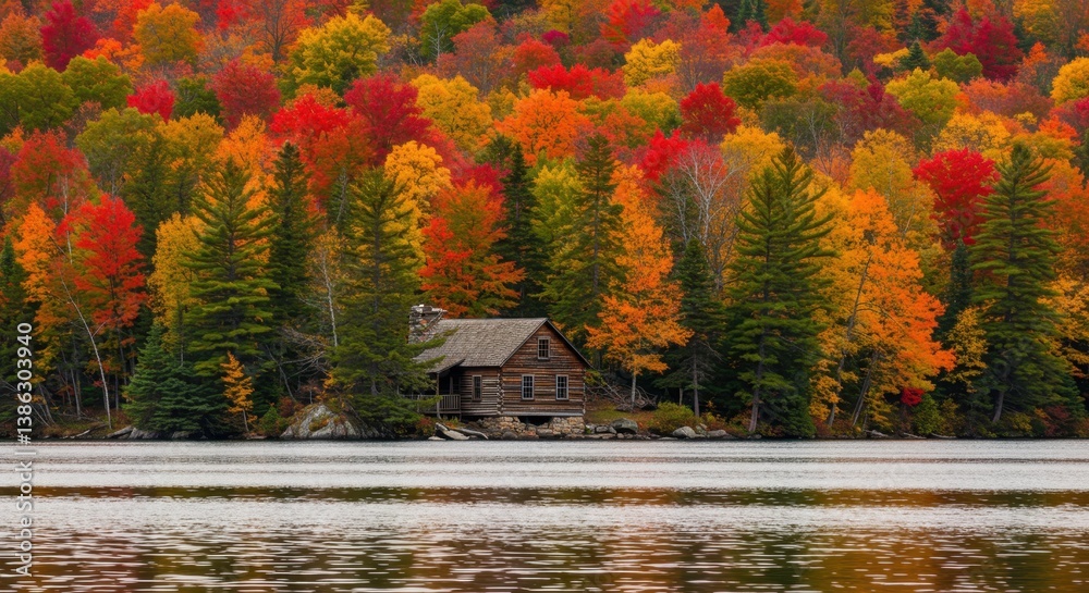 Obraz premium Secluded Autumn Log Cabin by the Lake