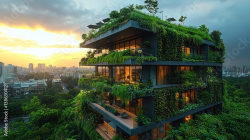 Eco-friendly apartment building at sunset.