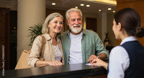 Senior couple traveling light smiling at hotel reception  
