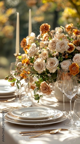 Autumnal Elegance: A Table Setting Bathed in Sunlight