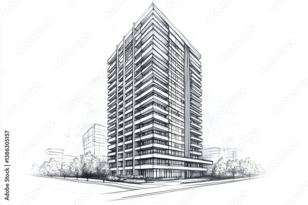 Fototapeta premium Architectural Sketch Modern Highrise Building Design isolated on transparent background isolated on transparent background