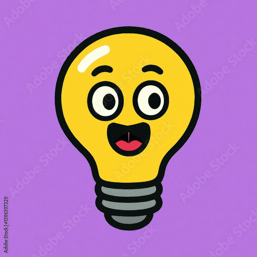 Kawaii cartoon light bulb icon smiling on a purple background  