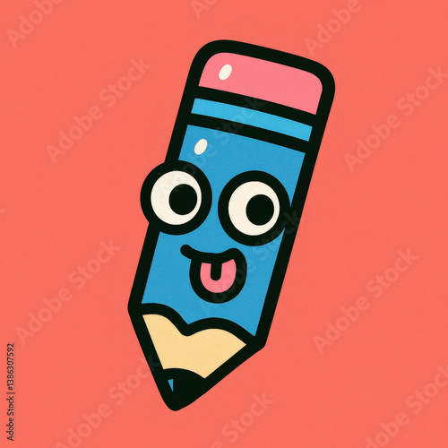 Kawaii Cartoon Pencil Icon with a Playful Expression on Pink Background  