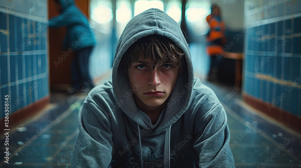 Teenage boy sitting on floor in school hallway, face hidden under hoodie, depression, bullying, incel, child, teenager, kids, schoolboy
